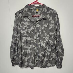 Eddie Bauer XL Gray Camo Button Up Long Sleeve Outdoor Nylon Shirt Roll Tab